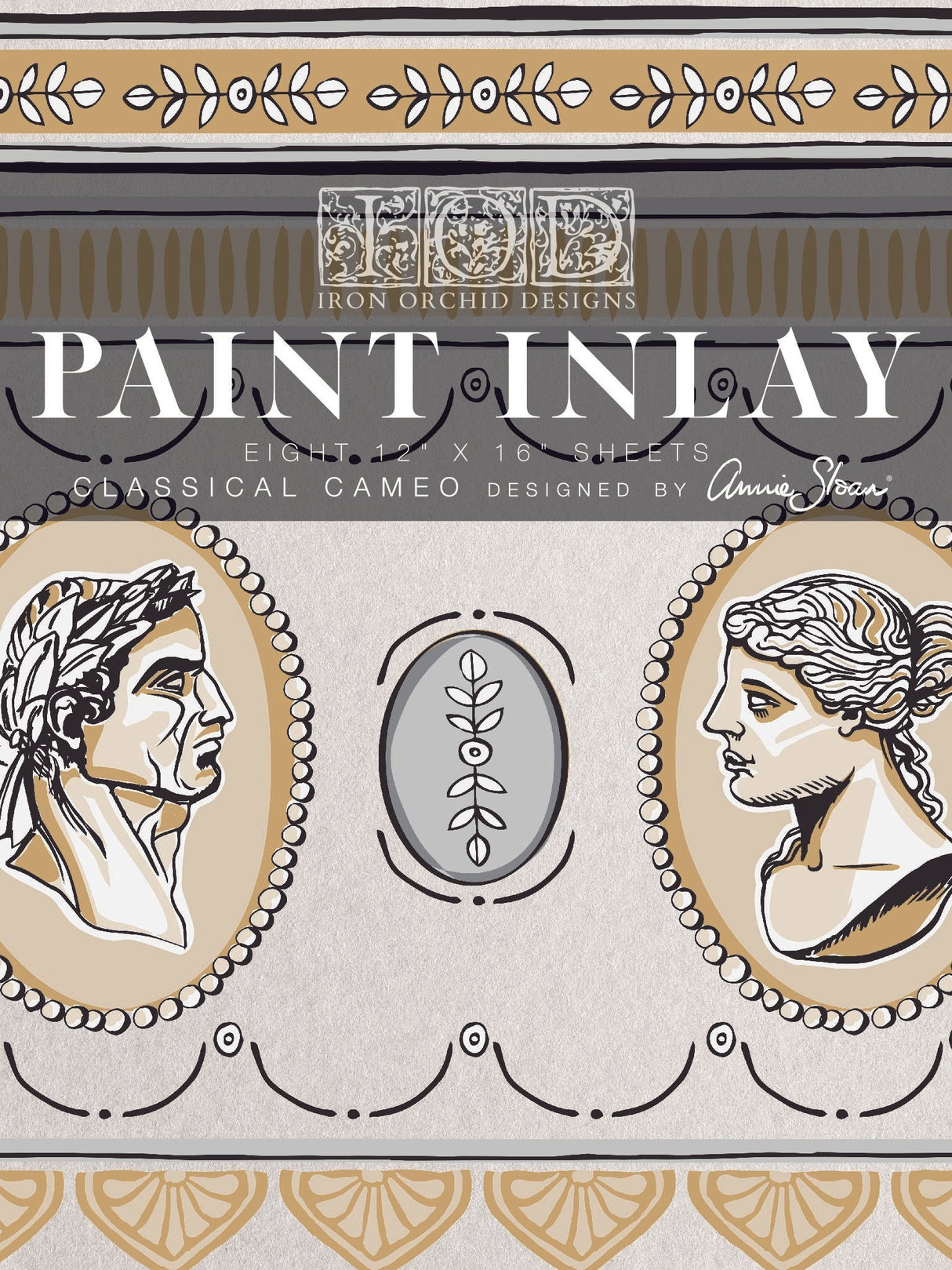 Two framed Classical Cameo portraits facing each other on the I.O.D. Classical Cameo Paint Inlay by Annie Sloan.