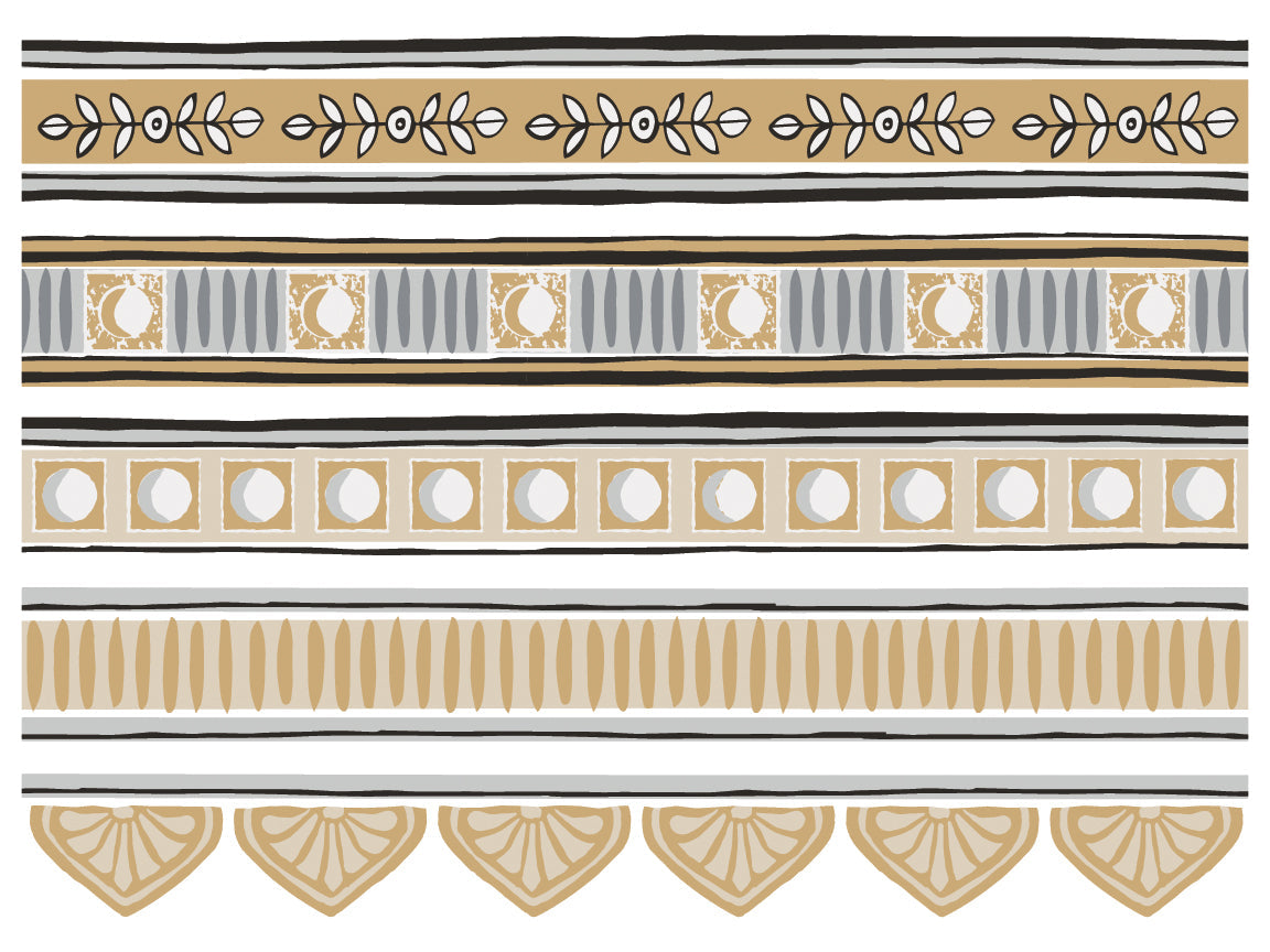 Classical Cameo Paint Inlay by I.O.D. with gold, gray, and black geometric, leaf, and line patterns on white.