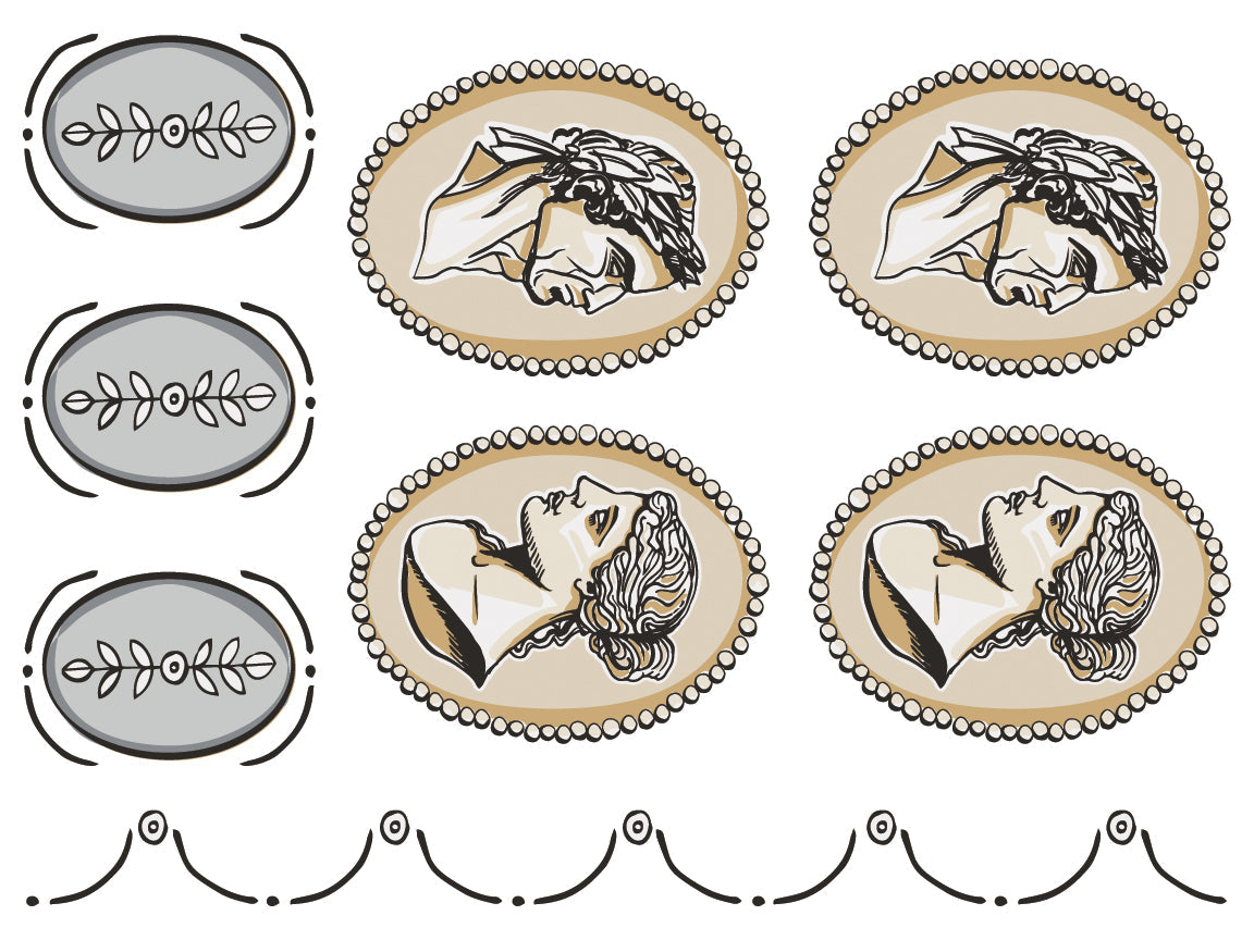 Four Classical Cameos and three oval leaves by I.O.D., designed by Annie Sloan, with scalloped bottom border.
