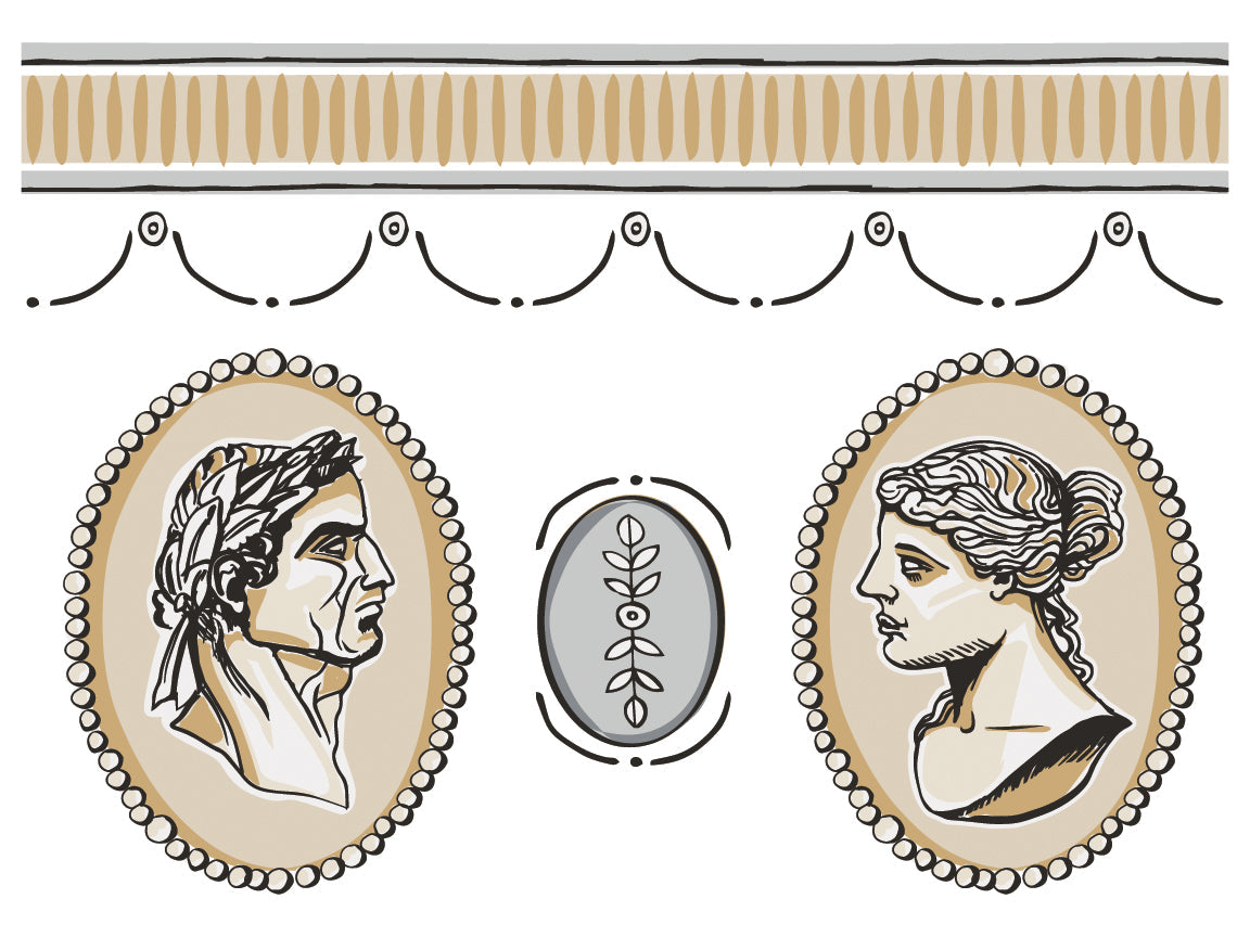 Classical Cameo Paint Inlay by I.O.D. with ornate medallion busts and laurel, designed by Annie Sloan.