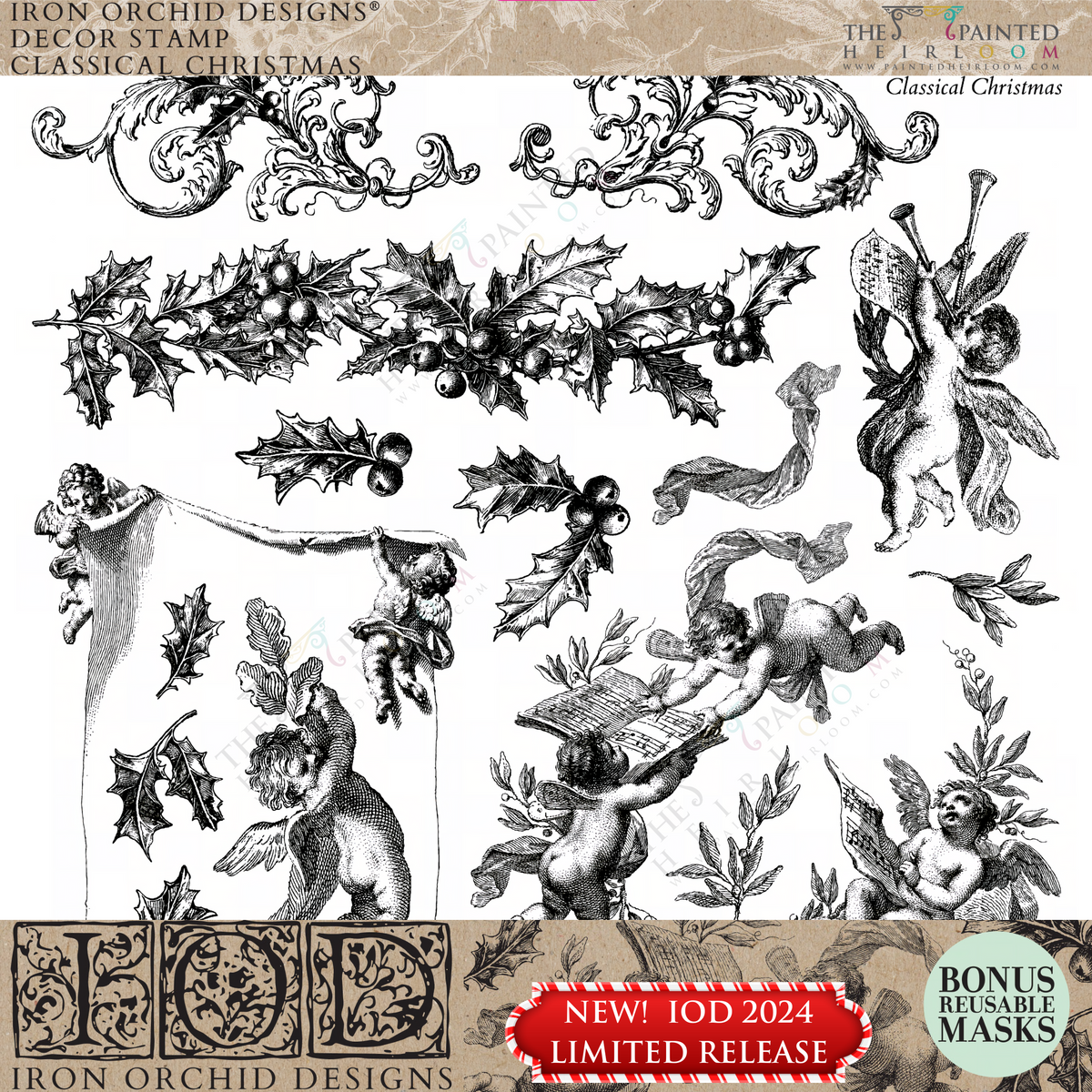 I.O.D. Classical Christmas Stamp 2024 Limited Release featuring cherubs, holly, and festive decor by Iron Orchid Designs.