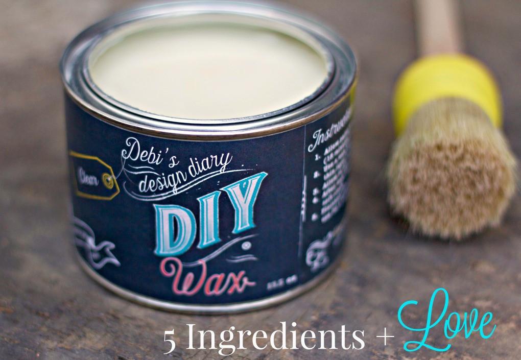 Open can of DIY Paint Co. Clear DIY Wax with brush; text on image reads: 5 Ingredients + Love.