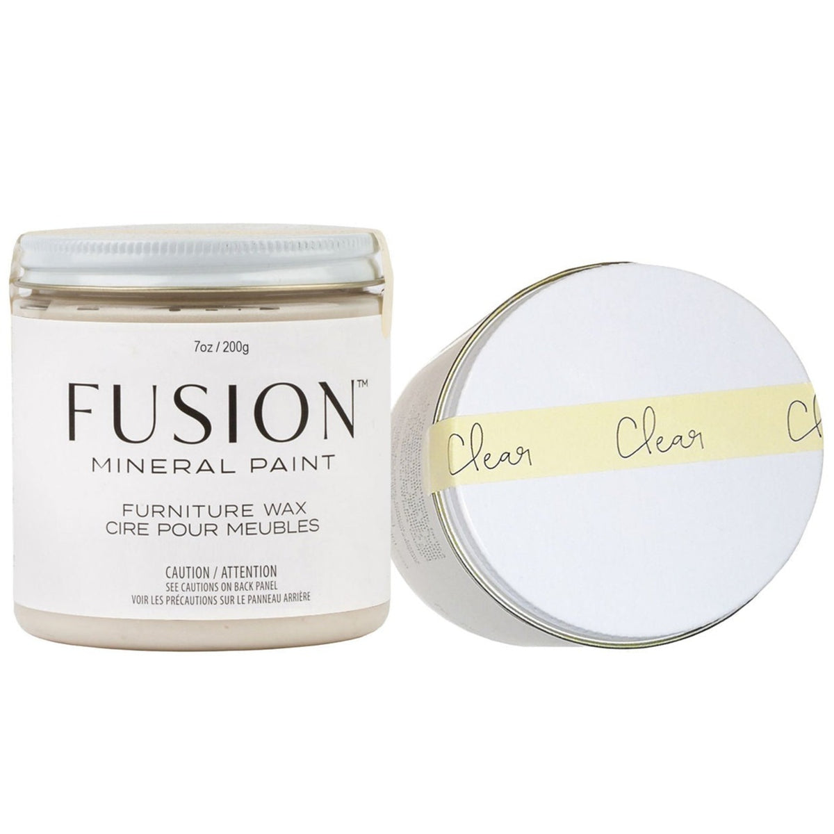 Two Fusion Mineral Paint Clear Furniture Wax containers, one showing the label, one with the lid visible.