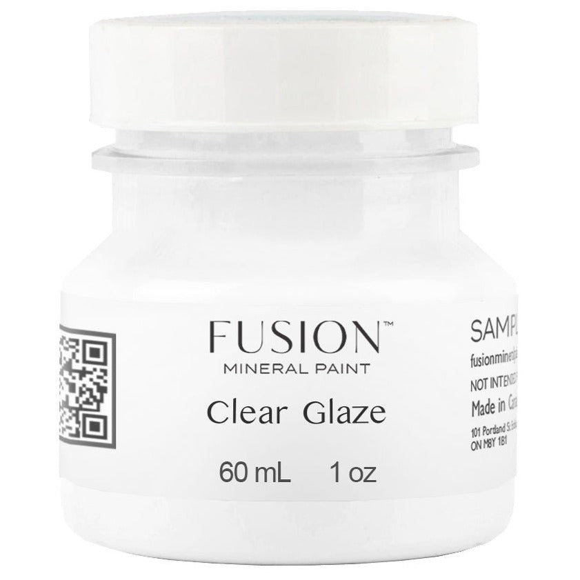 Fusion Mineral Paint Clear Glaze, 60mL jar with white lid and visible QR code on the front label.