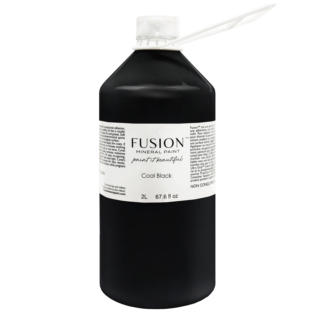 2L Fusion Mineral Paint Coal Black with white cap and stir stick included.