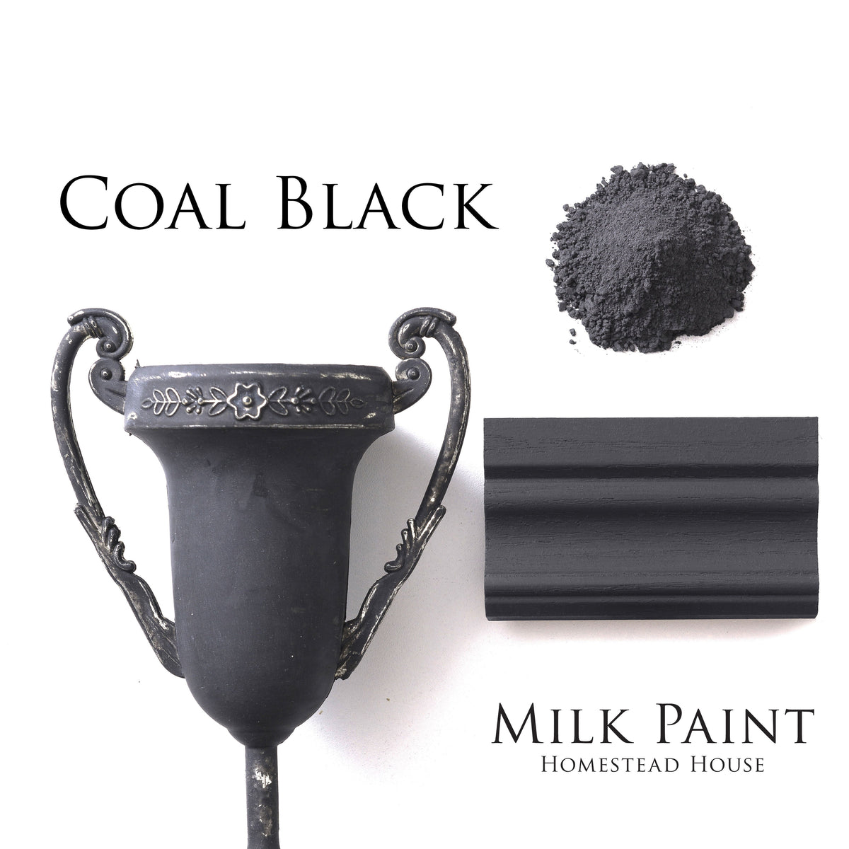 Black urn, powder, and wood sample shown with Homestead House Coal Black Milk Paint finish.