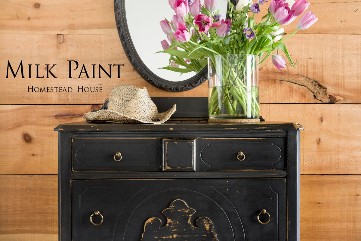 Homestead House Coal Black Milk Paint, matte finish, shown in product container.