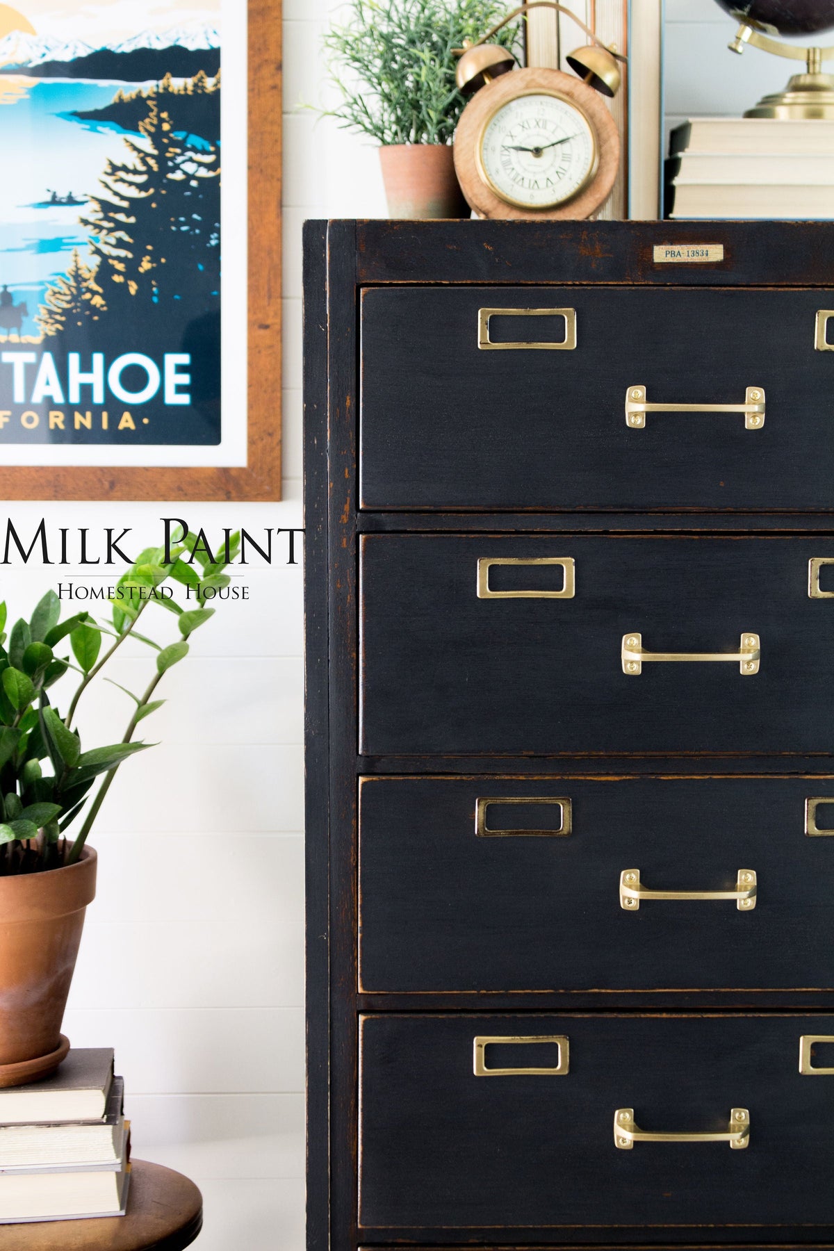 Chest painted in Homestead House Coal Black Milk Paint, shown next to a plant and Lake Tahoe wall print.