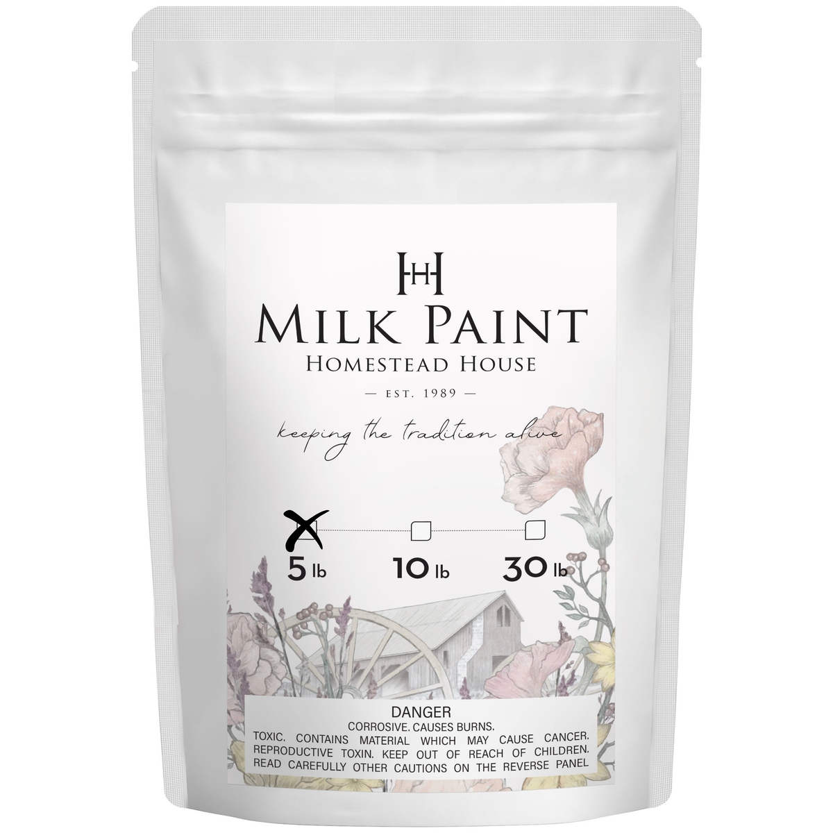Homestead House Coal Black Milk Paint in a white pouch with floral art, barn illustration, and hazard warnings.