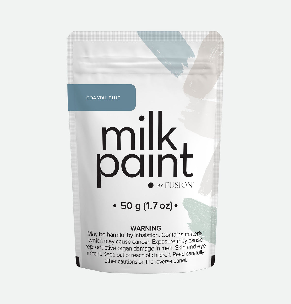 Fusion Mineral Paint Coastal Blue Milk Paint 1.7 oz pouch with health risk warning label.