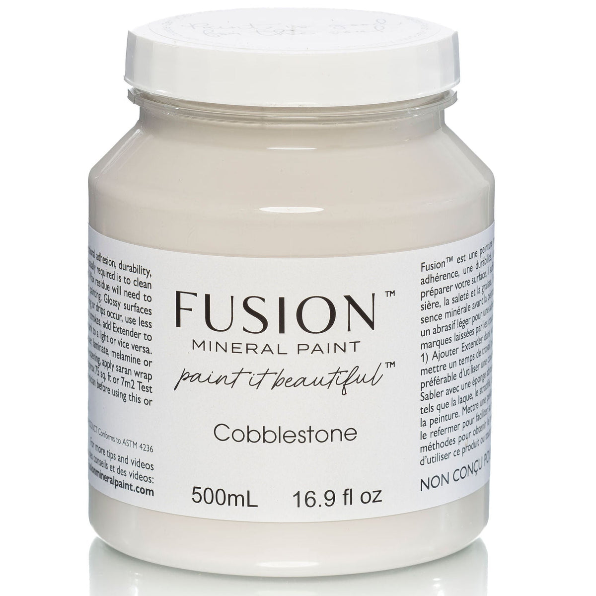 500mL Cobblestone Fusion Mineral Paint, warm grey, with label instructions and product details visible.