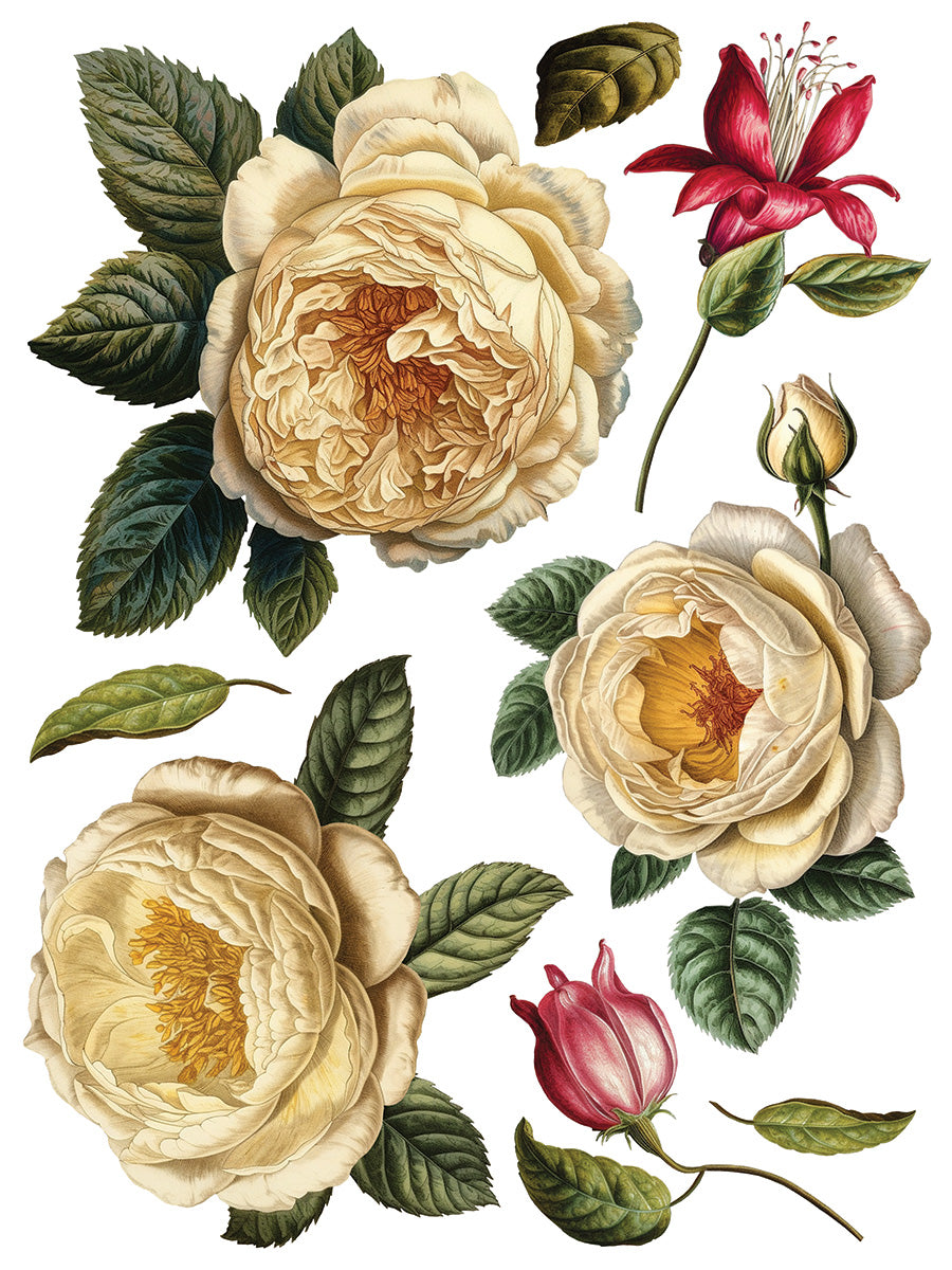 Collage De Fleurs Transfer by I.O.D. featuring roses, pink buds, and a red bloom.