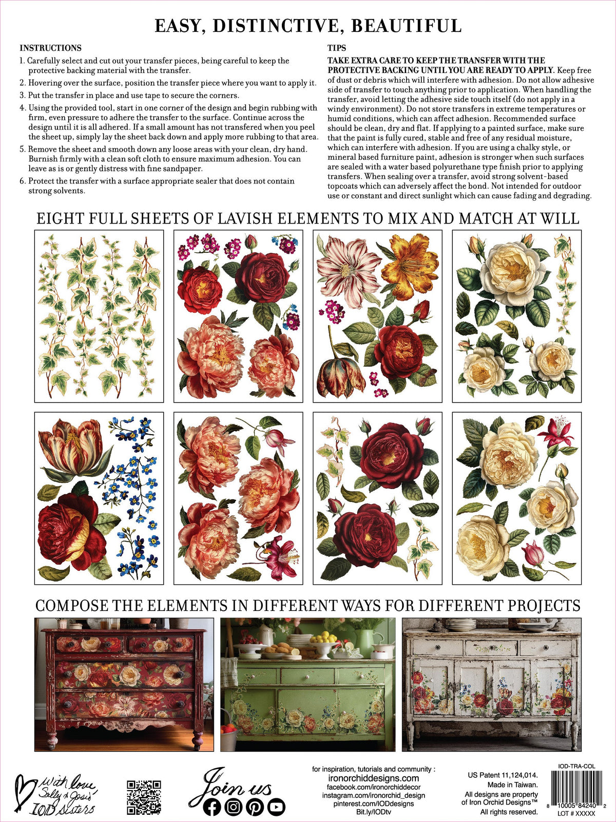 Collage De Fleurs Transfer by IOD, set of 8 floral sheets with tip sheet for cottagecore accents.