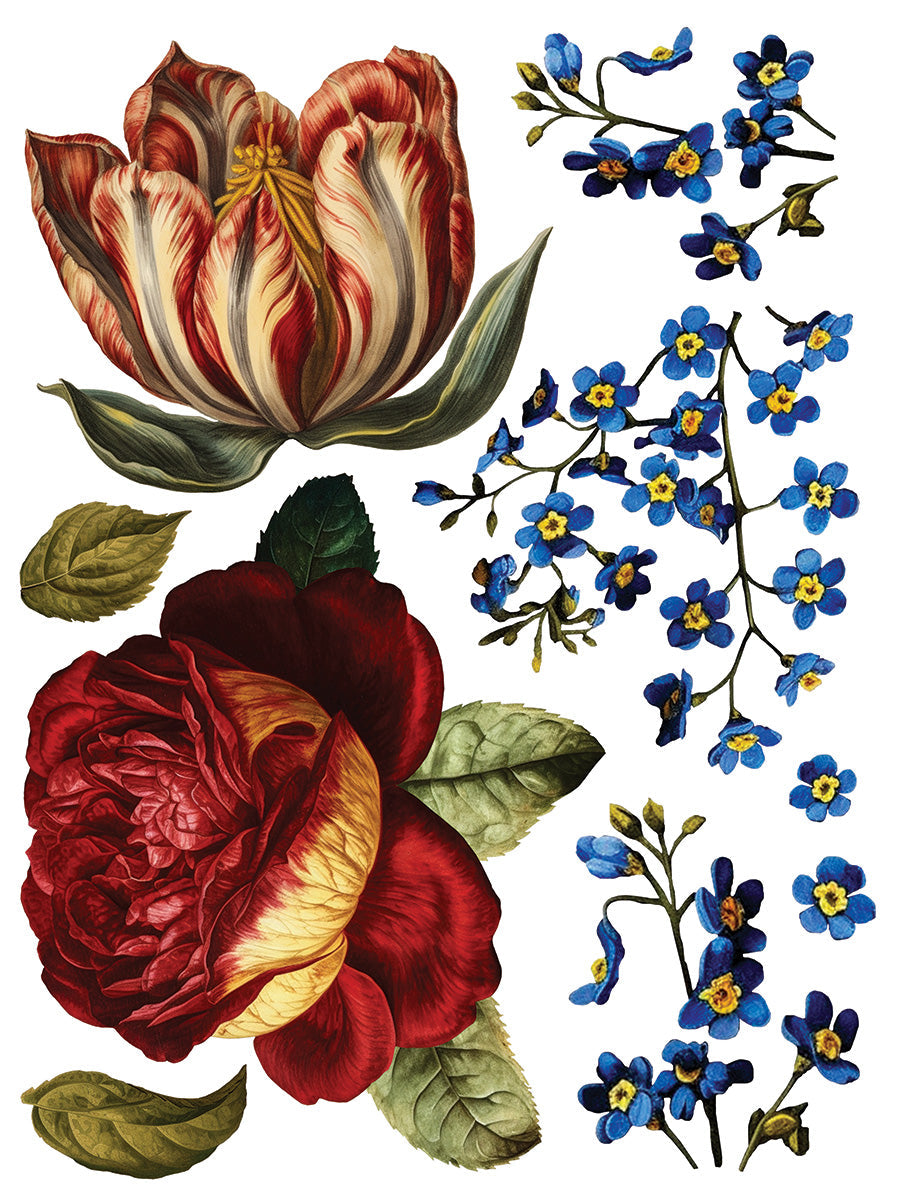 Collage De Fleurs Transfer by IOD with bold red flowers, blue clusters, and greenery.