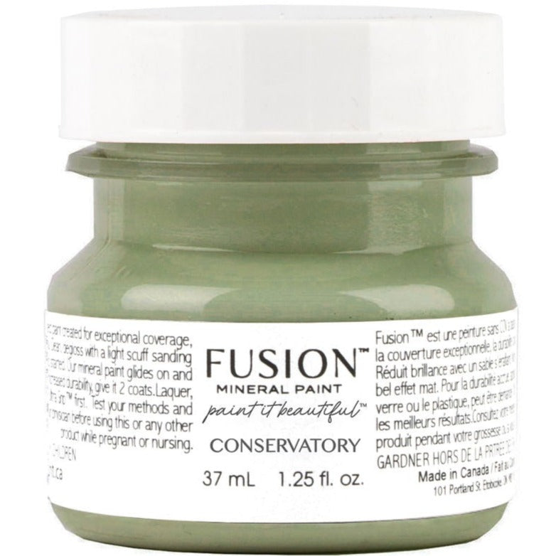 37ml jar of Conservatory Fusion Mineral Paint, mid-tone green, with a white label.