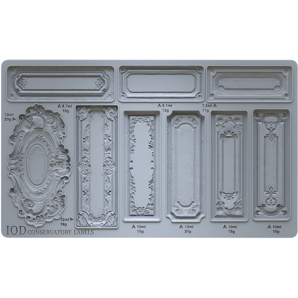 I.O.D. Conservatory Labels Mould by Iron Orchid Designs with 9 ornate, vintage-style label shapes.