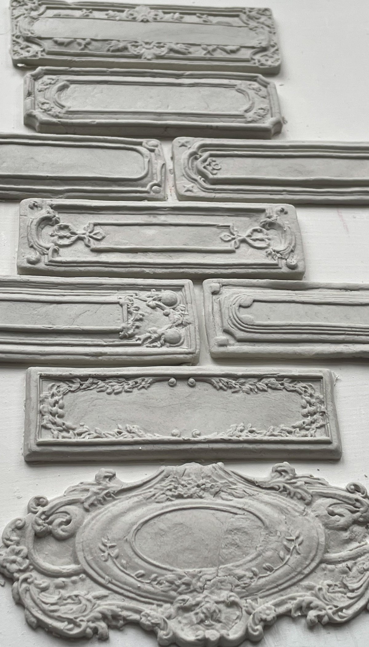Conservatory Labels Mould by IOD with ornate gray silicone plaques for vintage or botanical crafting projects.