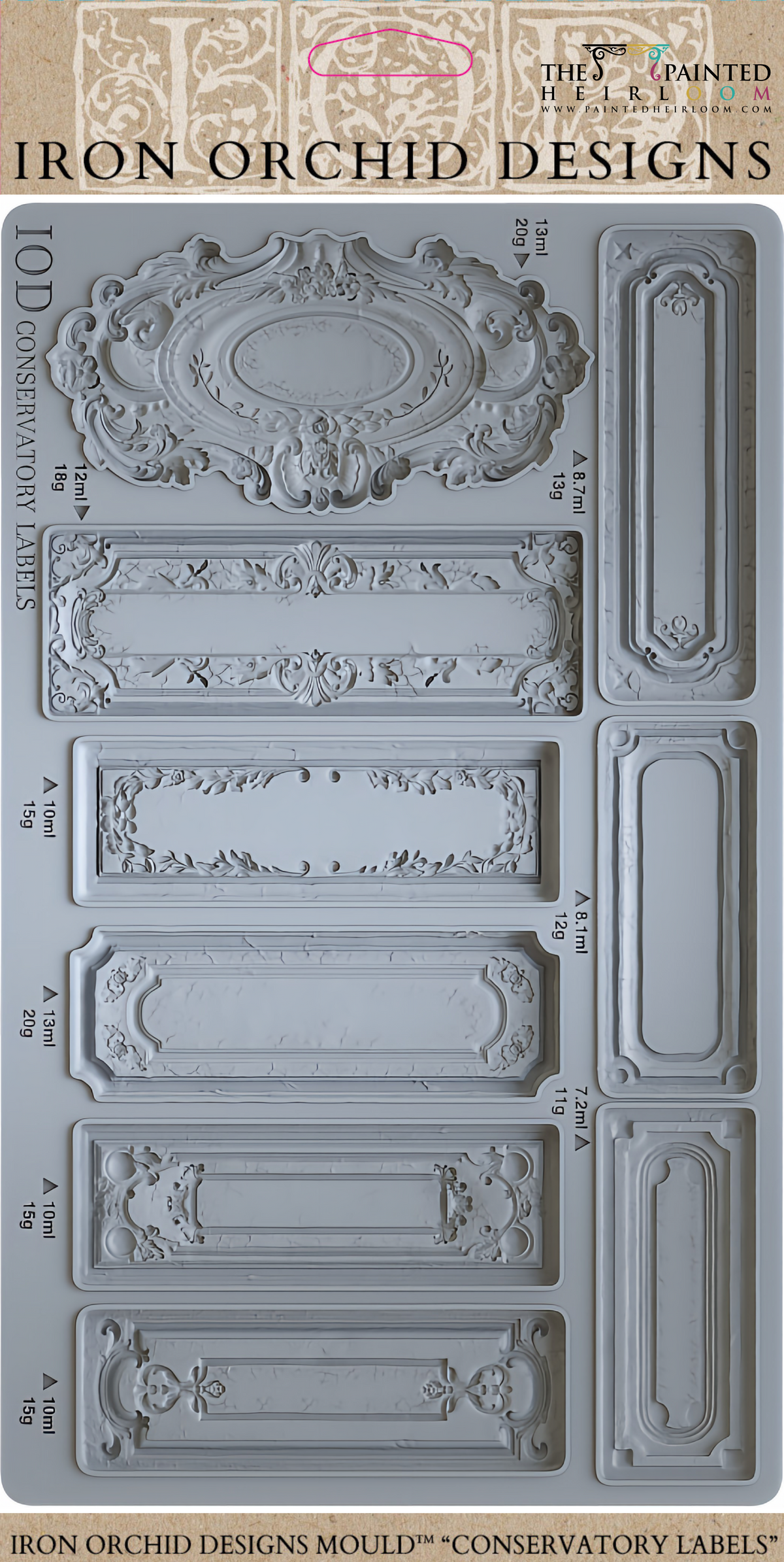 IOD Conservatory Labels Mould by I.O.D., silicone mould designed for creating vintage-style label details.