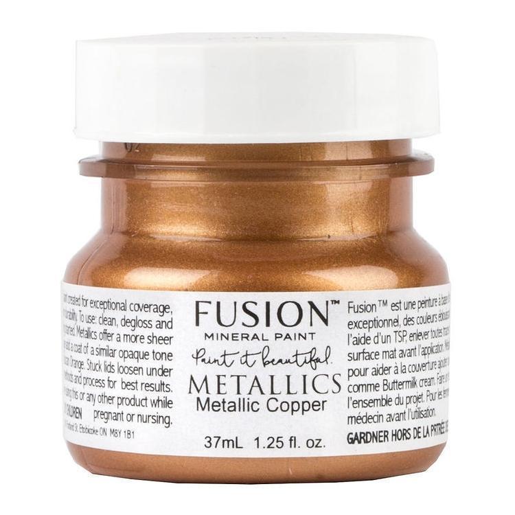 Copper Metallic Fusion Mineral Paint small jar with labeled instructions and product details visible.