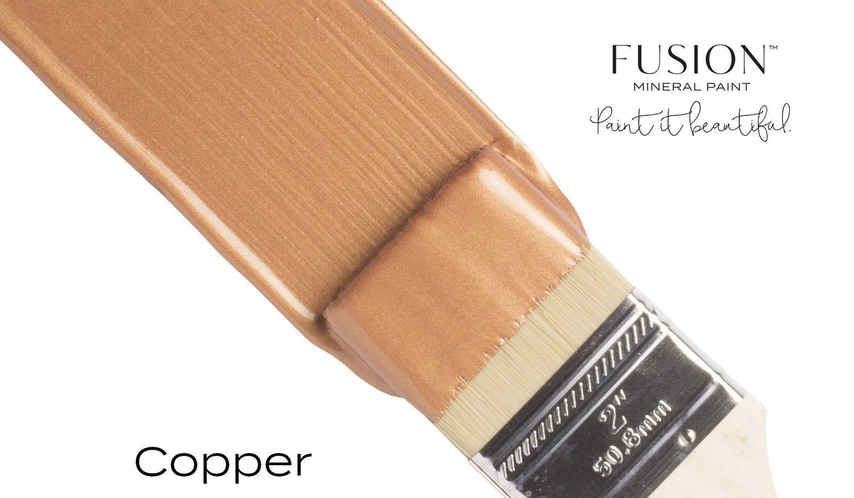 Paintbrush with Copper Metallic Fusion Mineral Paint next to “Fusion Mineral Paint and Copper” text.