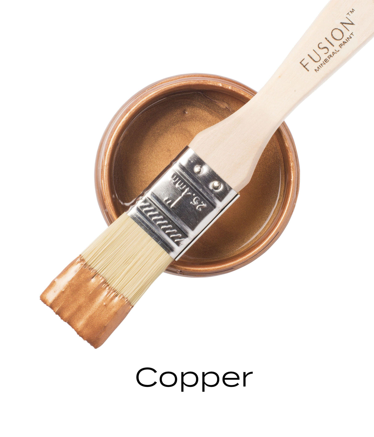 Open jar of Copper Metallic Fusion Mineral Paint with brush and “Copper” label visible below.