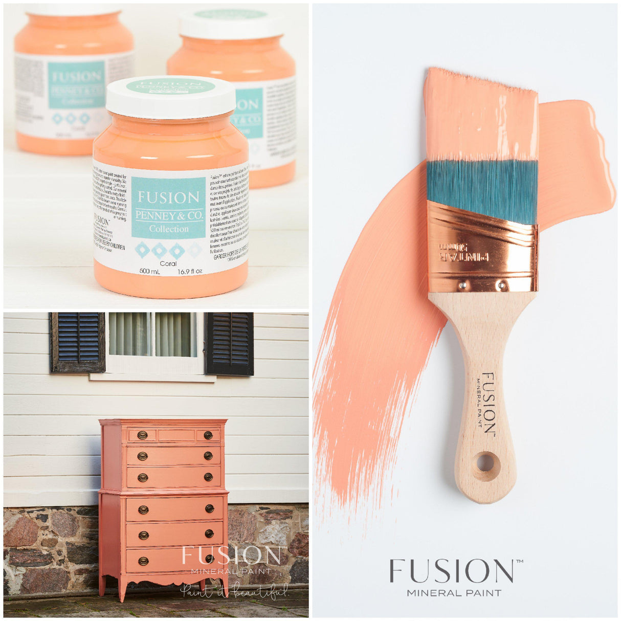 Coral Fusion Mineral Paint jars, painted dresser, and paintbrush with coral matte paint shown together.