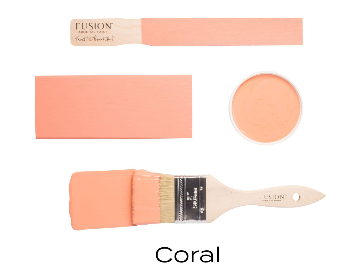 Fusion Mineral Paint Coral (Seasonal) jar, paint swatches, brush, and “Coral” text below; matte finish.