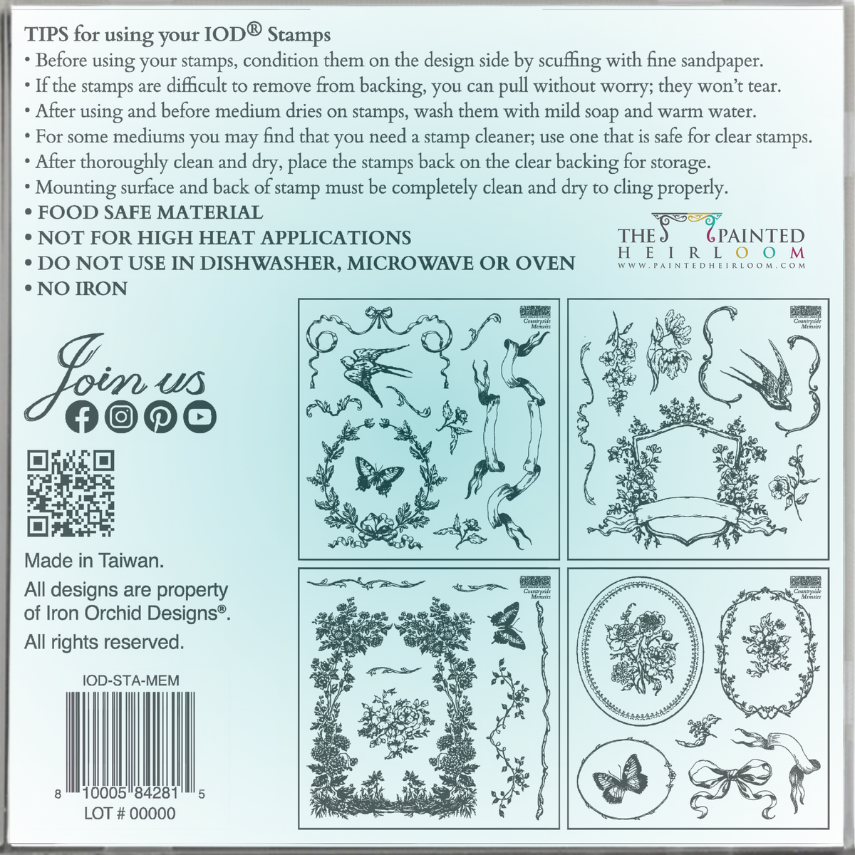 Square I.O.D. Countryside Memoirs Mini-Stamp packaging with tips, join note, and vintage stationery artwork.