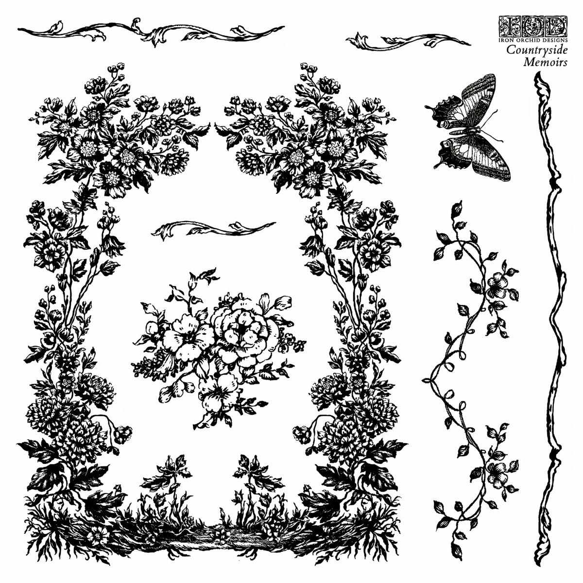 I.O.D. Countryside Memoirs Mini-Stamp featuring black floral designs, butterflies, and decorative borders.