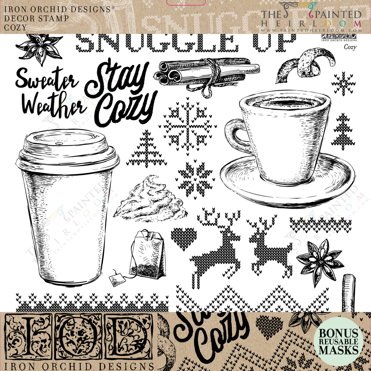 I.O.D. Cozy Stamp (2022 Limited Release) black-and-white art by Iron Orchid Designs on white background.