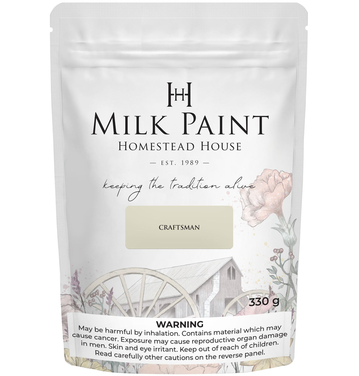 330g Craftsman Milk Paint by Homestead House with paint coverage, product, and warning info on the label.
