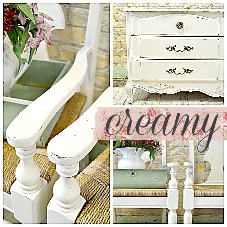 White vintage furniture collage featuring Creamy by Old Fashioned Milk Paint with a textured text overlay.