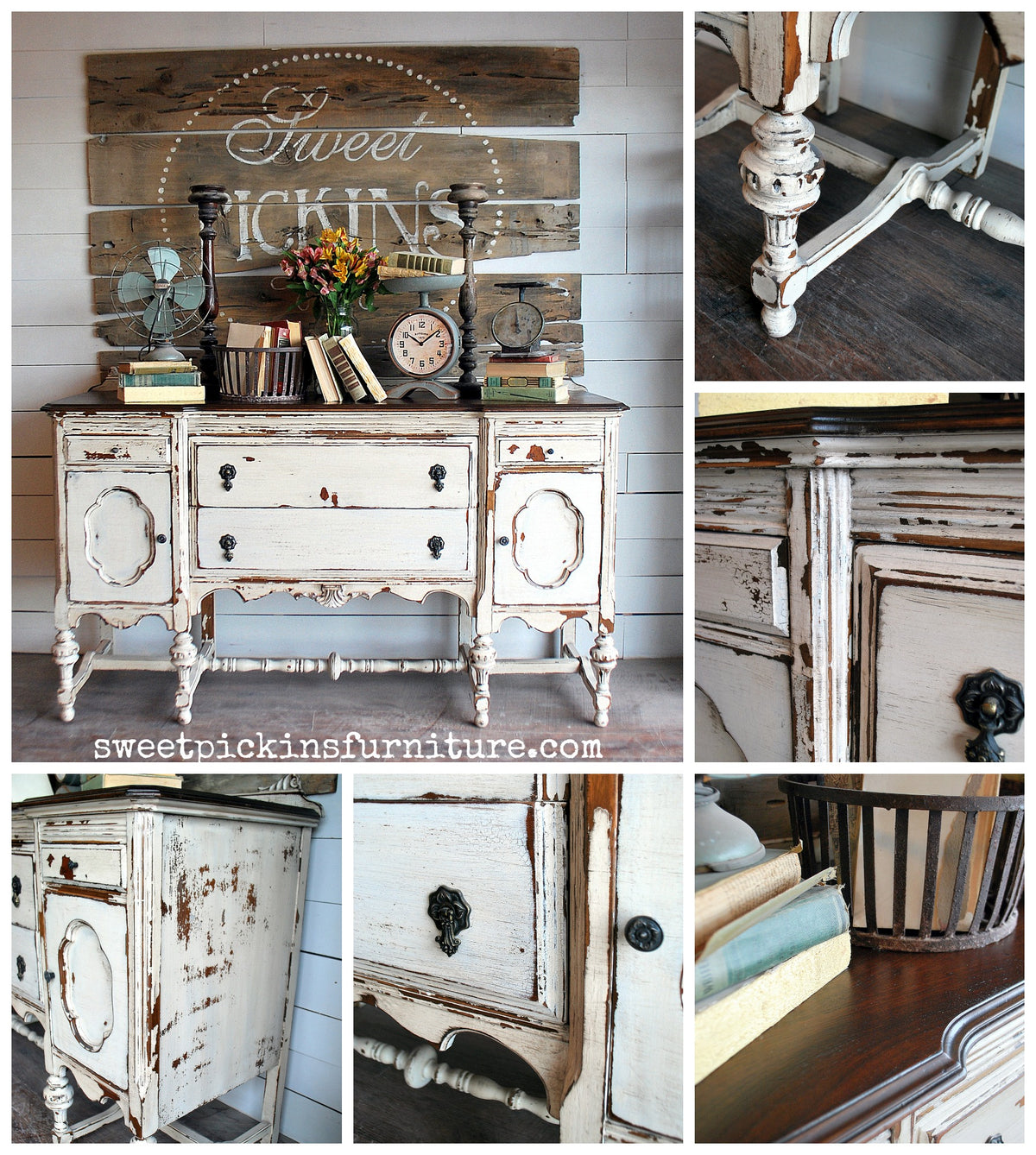 Sideboard painted in Creamy by Old Fashioned Milk Paint with ornate legs, black hardware, and detailed close-ups.