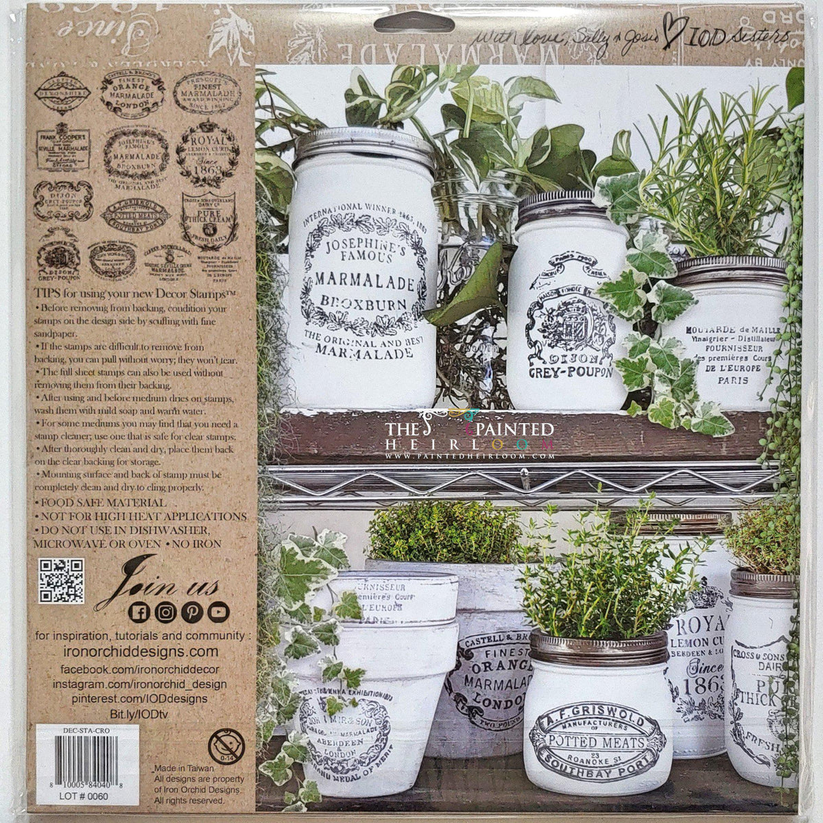 Five white jars with I.O.D. Crockery Stamp vintage labels, each topped with a green plant.