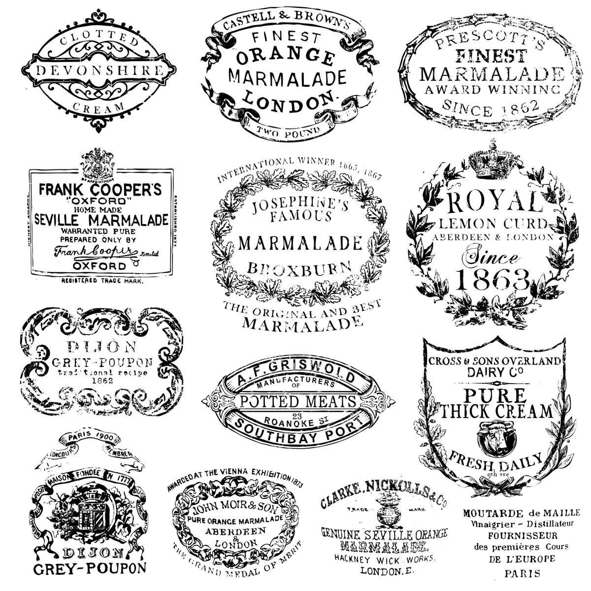 Crockery Stamp by IOD featuring vintage British food and marmalade label designs. Brand: I.O.D.