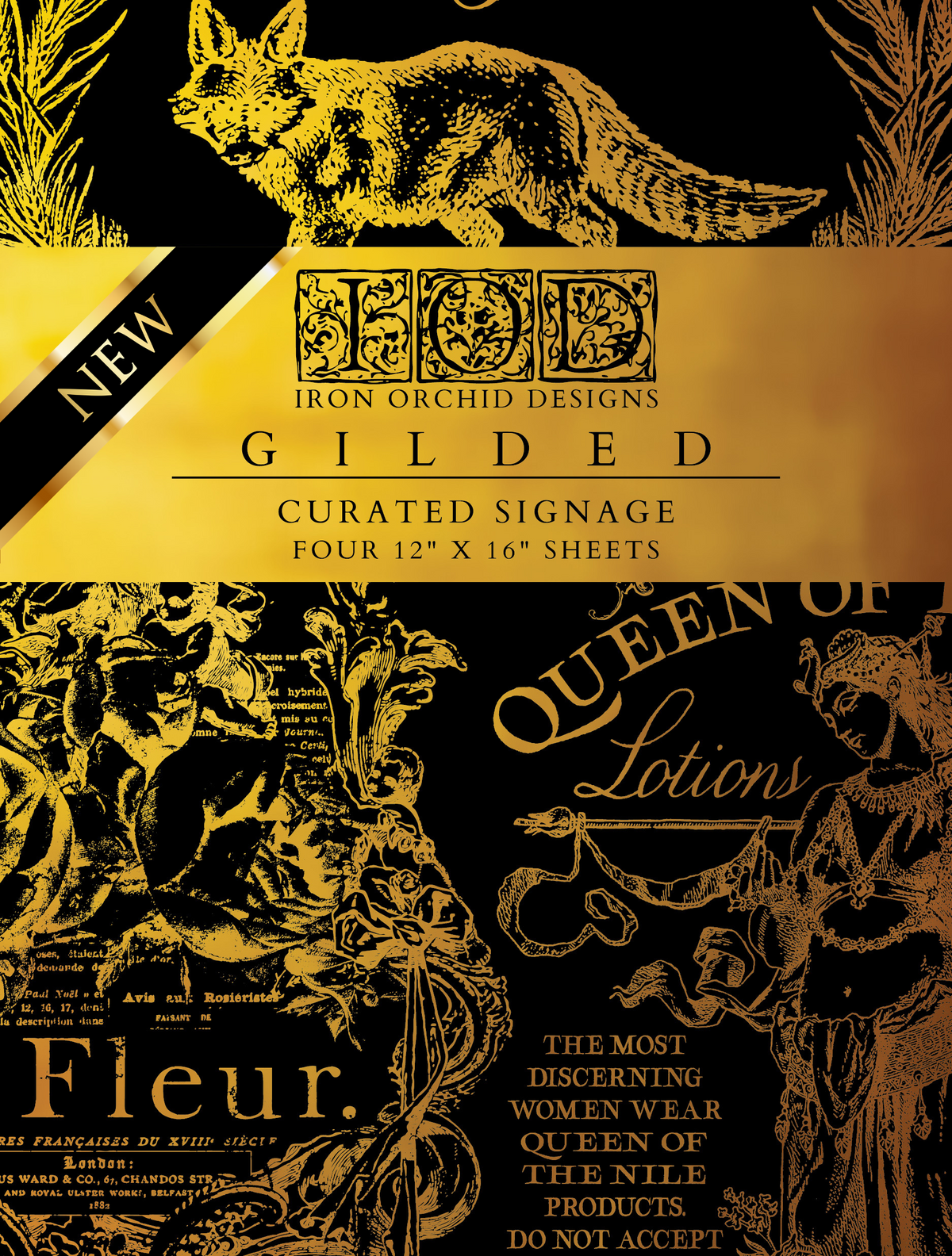 Gold and black I.O.D. Curated Signage Gilded Transfer packaging with animal and floral illustrations.
