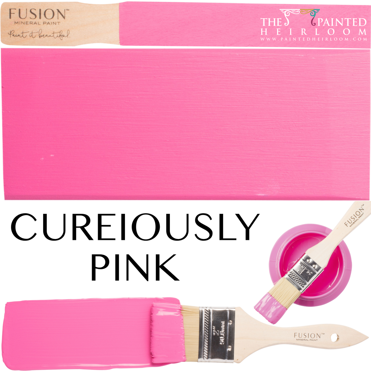 Fusion Mineral Paint CUREiously Pink (Limited Release) can, paintbrush, and painted surface shown together.