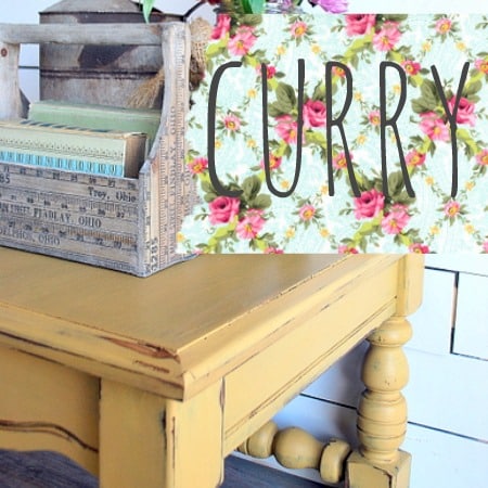 Wooden table with turned legs by floral CURRY sign, painted in Sweet Pickins shade by Old Fashioned Milk Paint.