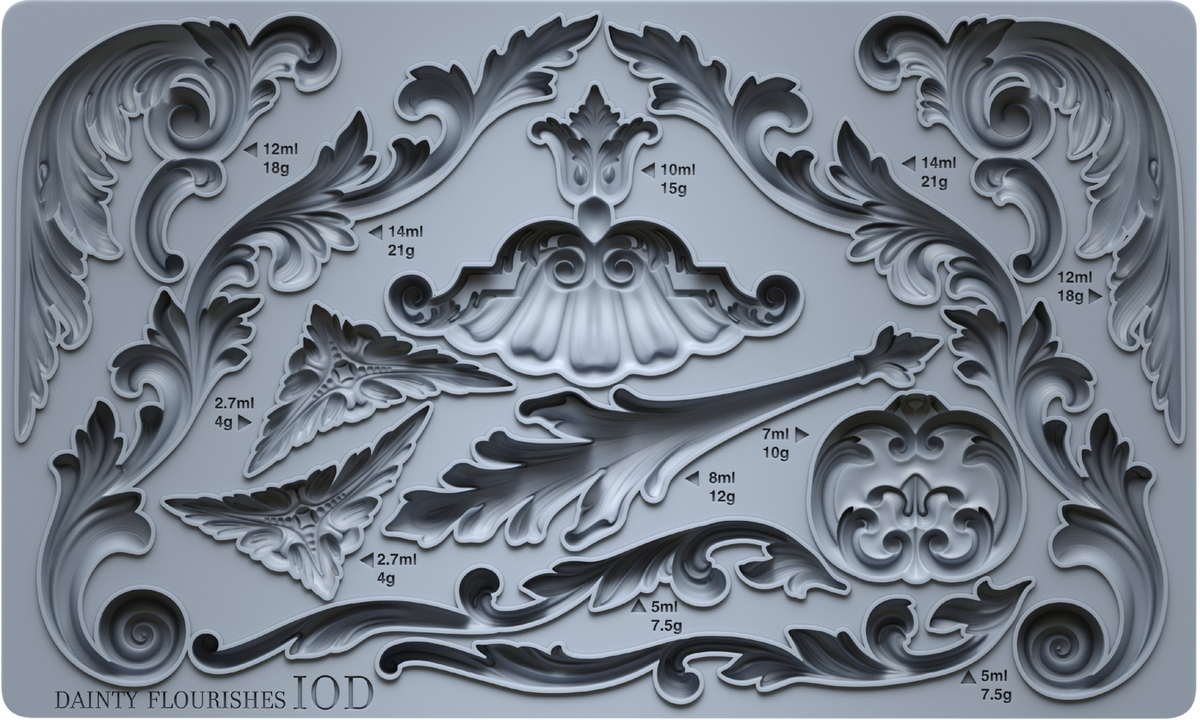 Dainty Flourishes Mould by I.O.D. with ornate floral and scroll silicone designs from Iron Orchid Designs.