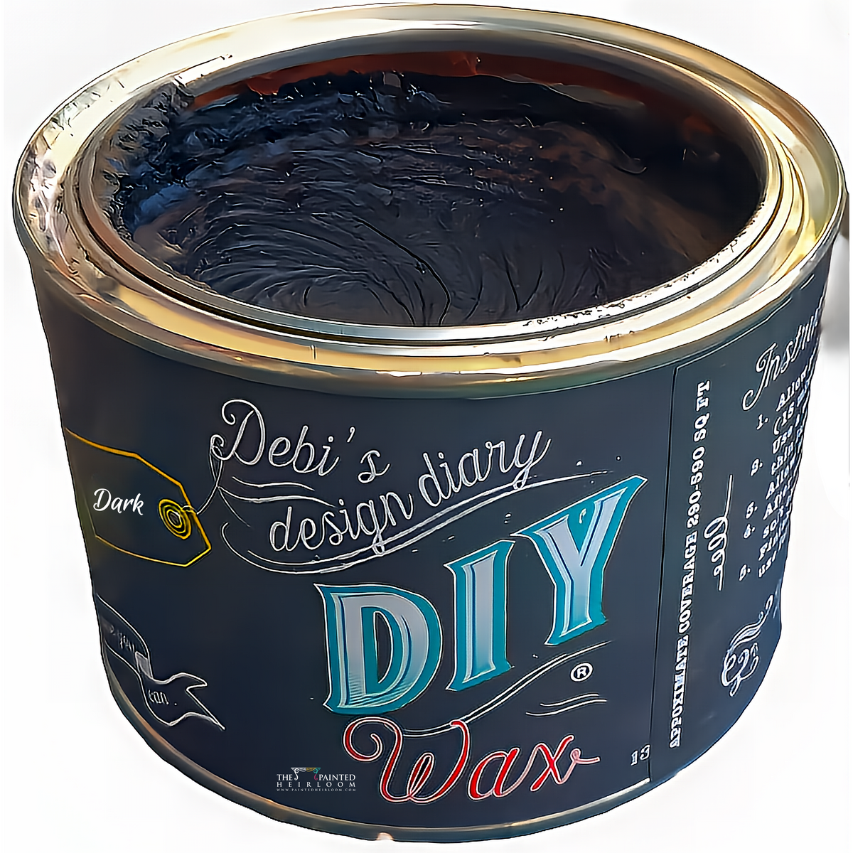 Open can of DIY Paint Co. Dark DIY Wax with smooth wax visible and product label showing.