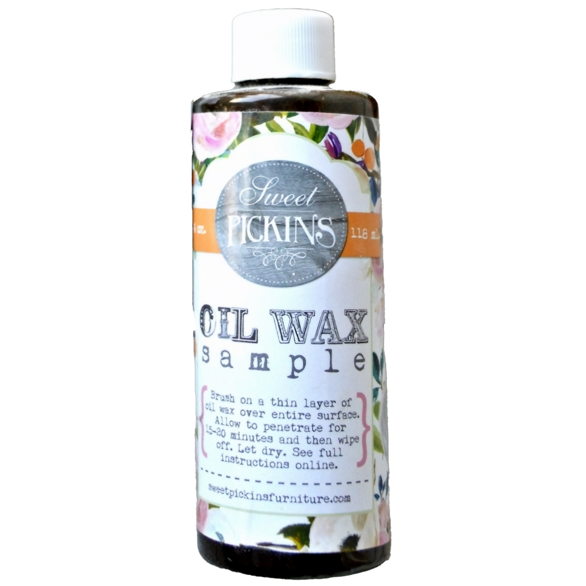 Bottle labeled Dark Oil Wax by Sweet Pickins with instructions, natural wood finish from Old Fashioned Milk Paint.