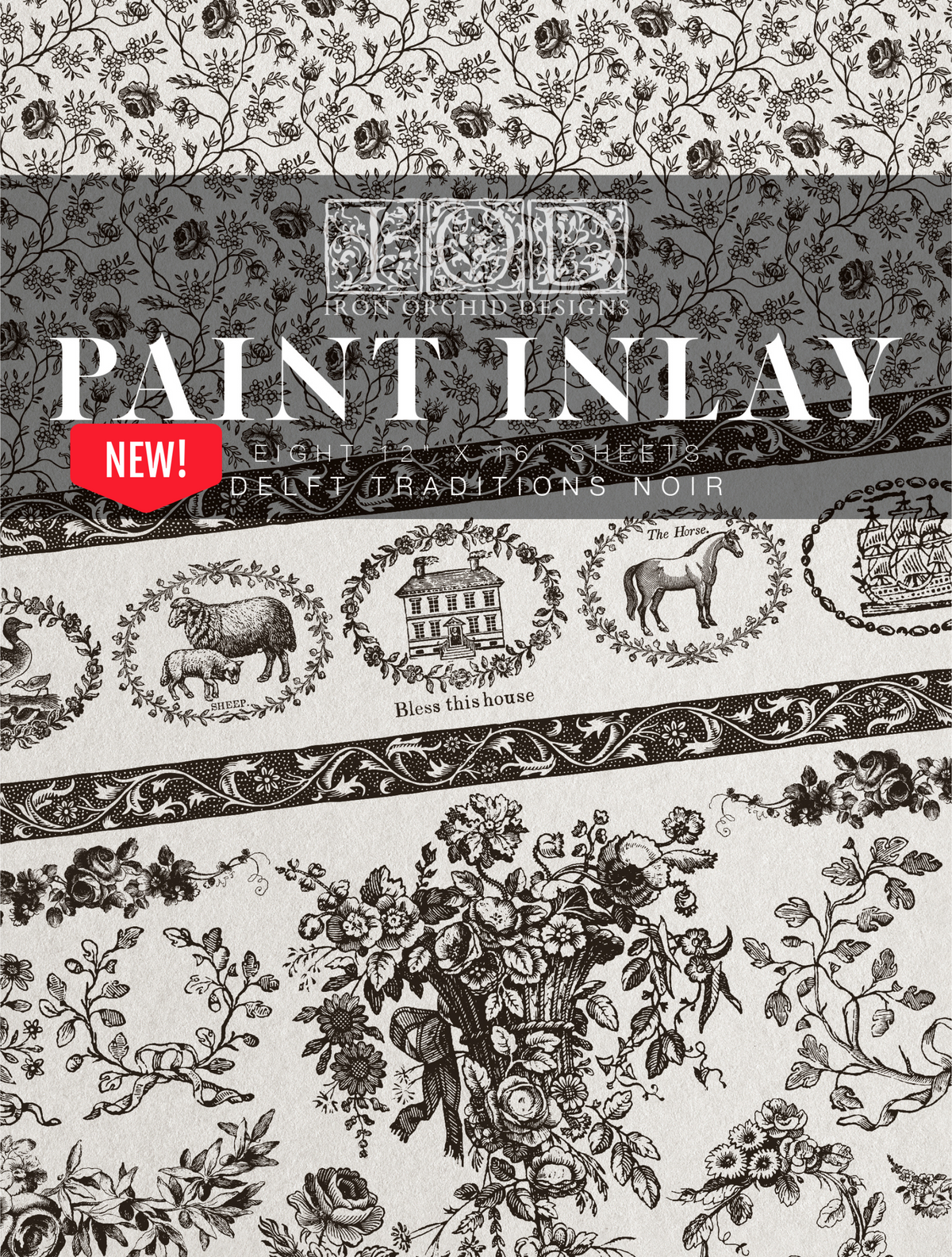 IOD Delft Traditions Noir Paint Inlay with black and white floral and house designs, Iron Orchid Designs new release.
