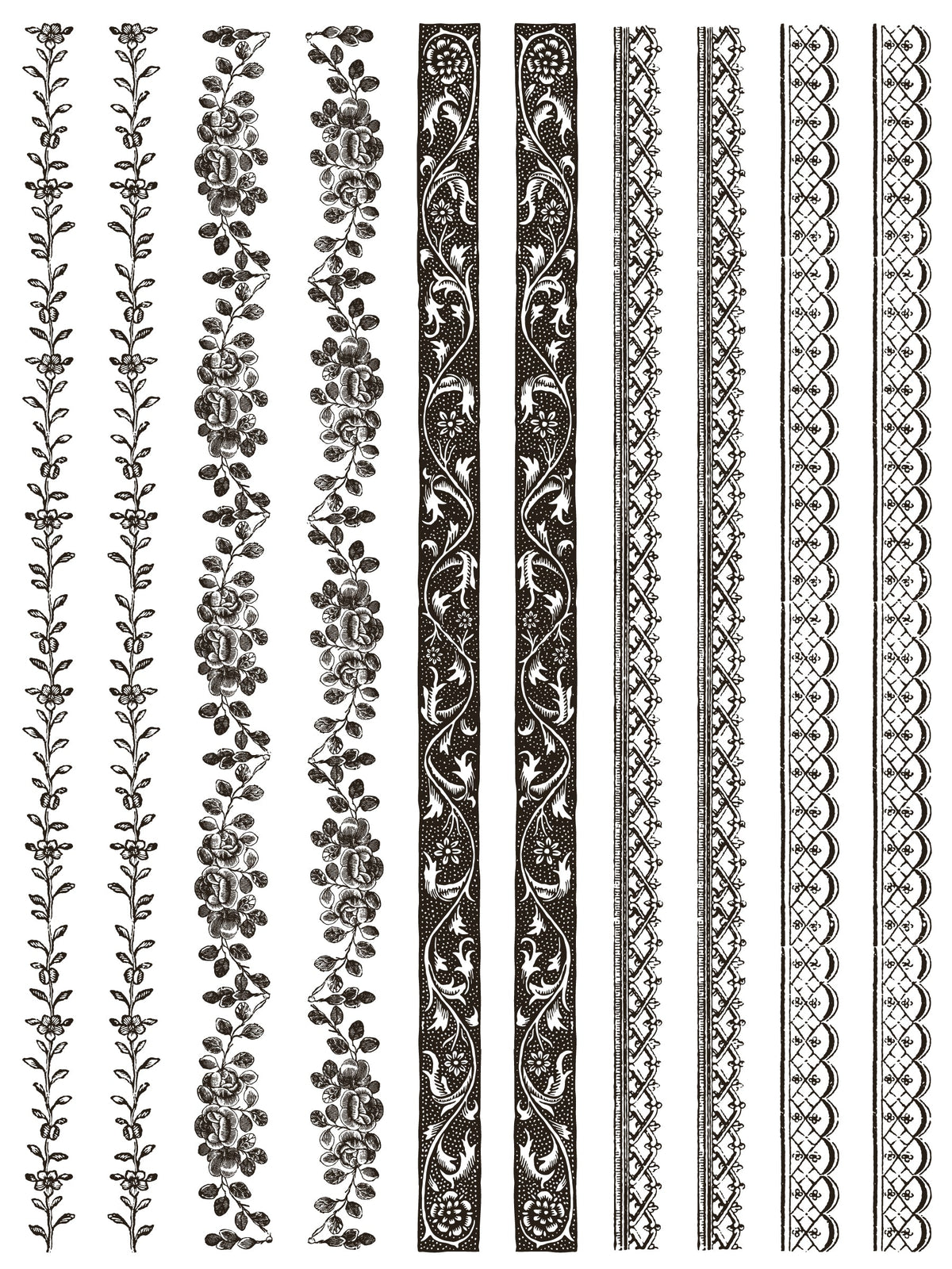 Eight vertical borders with I.O.D. Delft Traditions Noir Paint Inlay, floral and geometric lace motifs.
