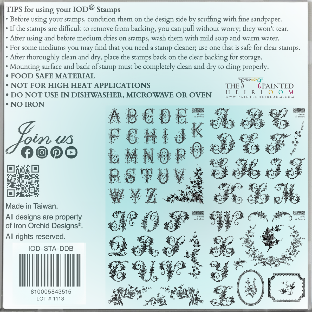 Dessins de Broderie Labels Mini Stamp by I.O.D. with ornate motifs, care tips, and branding visible on packaging.
