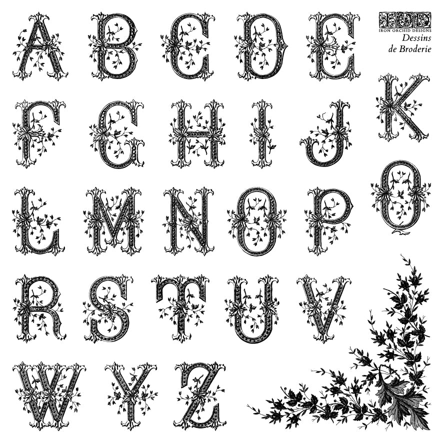 IOD Dessins de Broderie Labels Mini Stamp set with vintage floral and leaf embroidery designs.