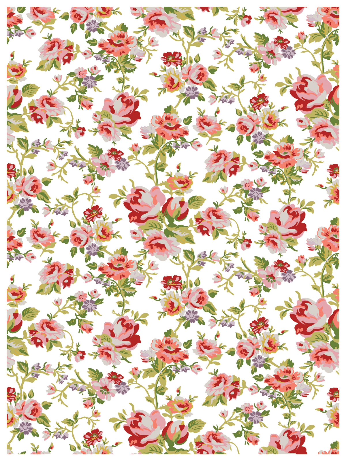 IOD Ditsy Blooms Paint Inlay with red, pink, and green vintage flower pattern on white by Iron Orchid Designs.