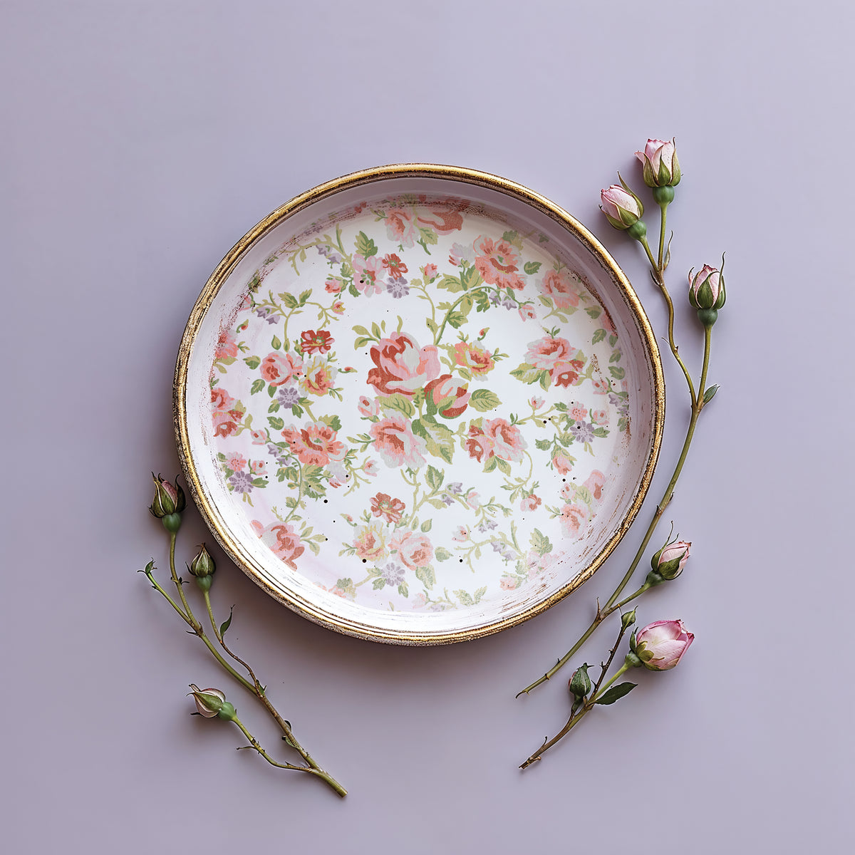 Floral plate with gold rim, bordered by I.O.D. Ditsy Blooms Paint Inlay rosebuds on a light purple background.