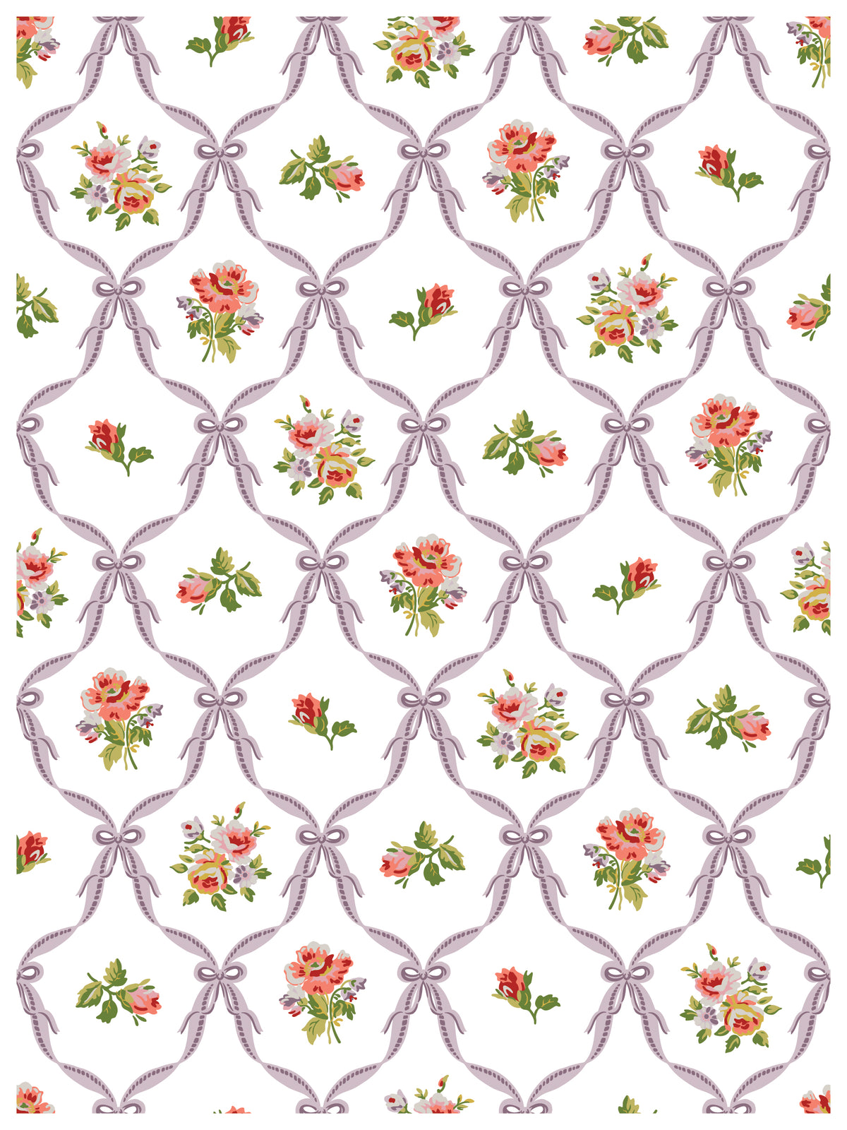 Pink bows form diamond shapes around IOD Ditsy Blooms roses and green leaves, resembling a paint inlay pattern.