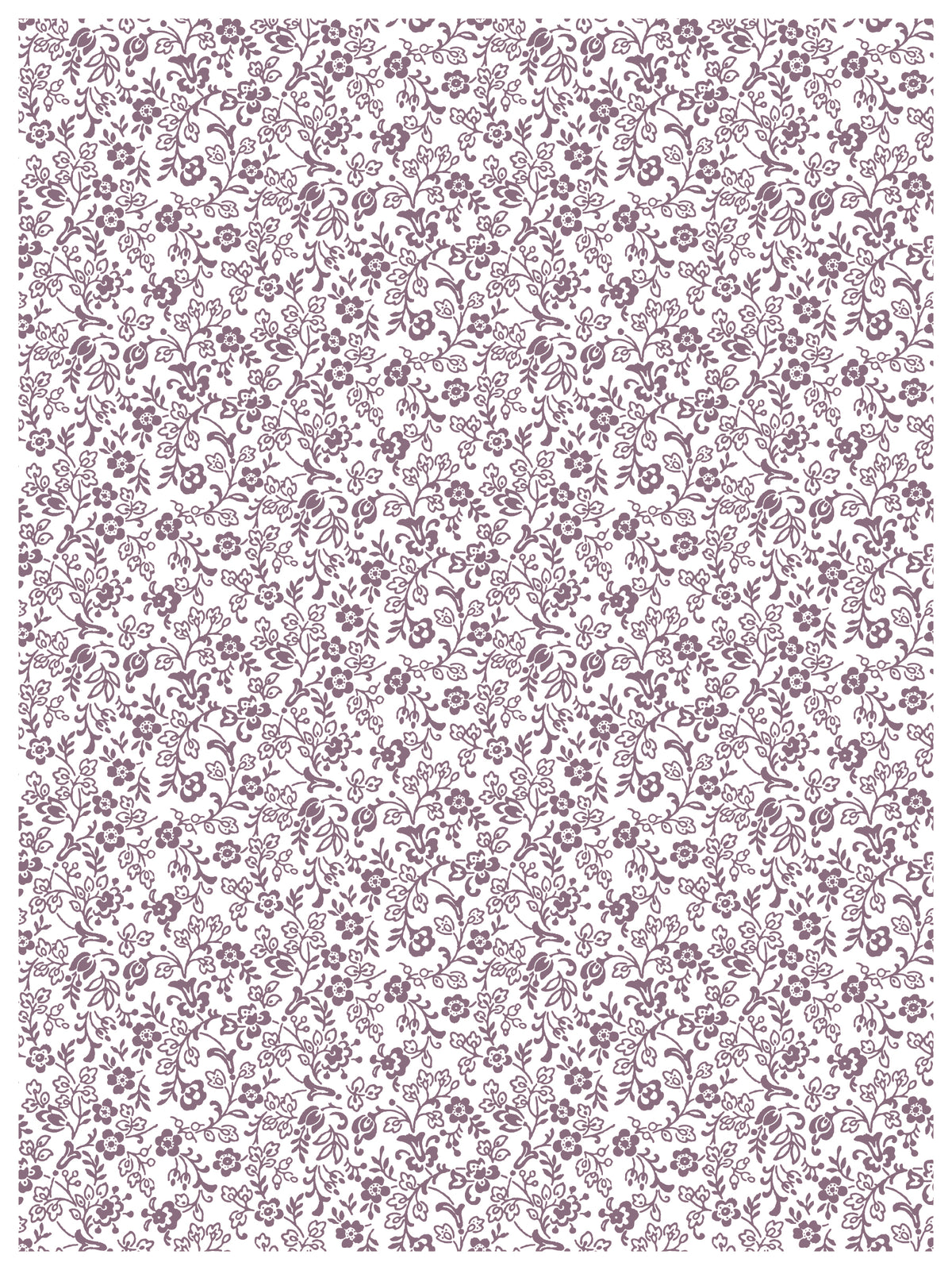 Purple Ditsy Blooms by I.O.D. floral and leaf pattern repeating on white Paint Inlay background.