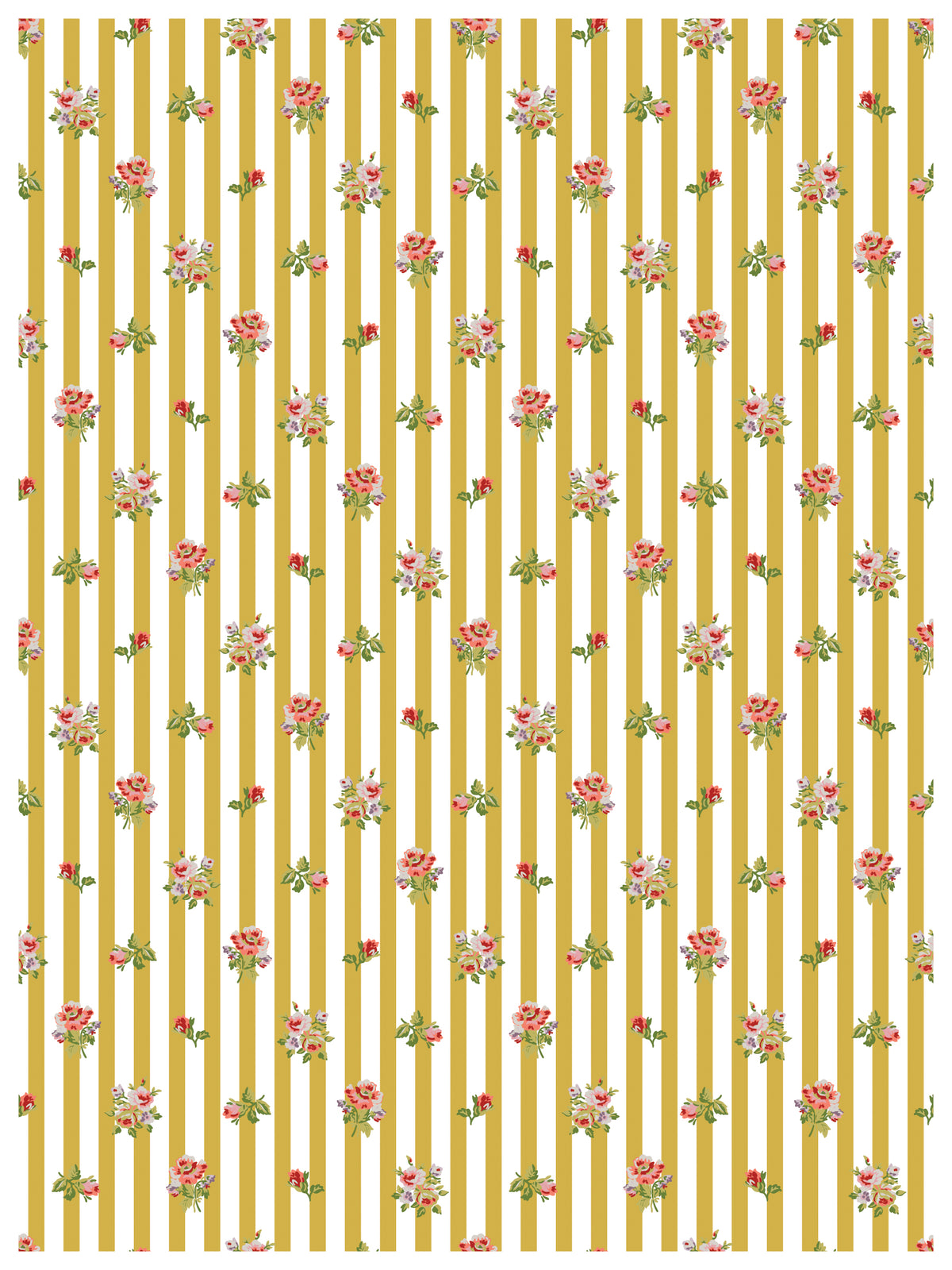 Vertical yellow stripes with I.O.D. Ditsy Blooms—tiny pink and red flowers—IOD-inspired paint inlay pattern.